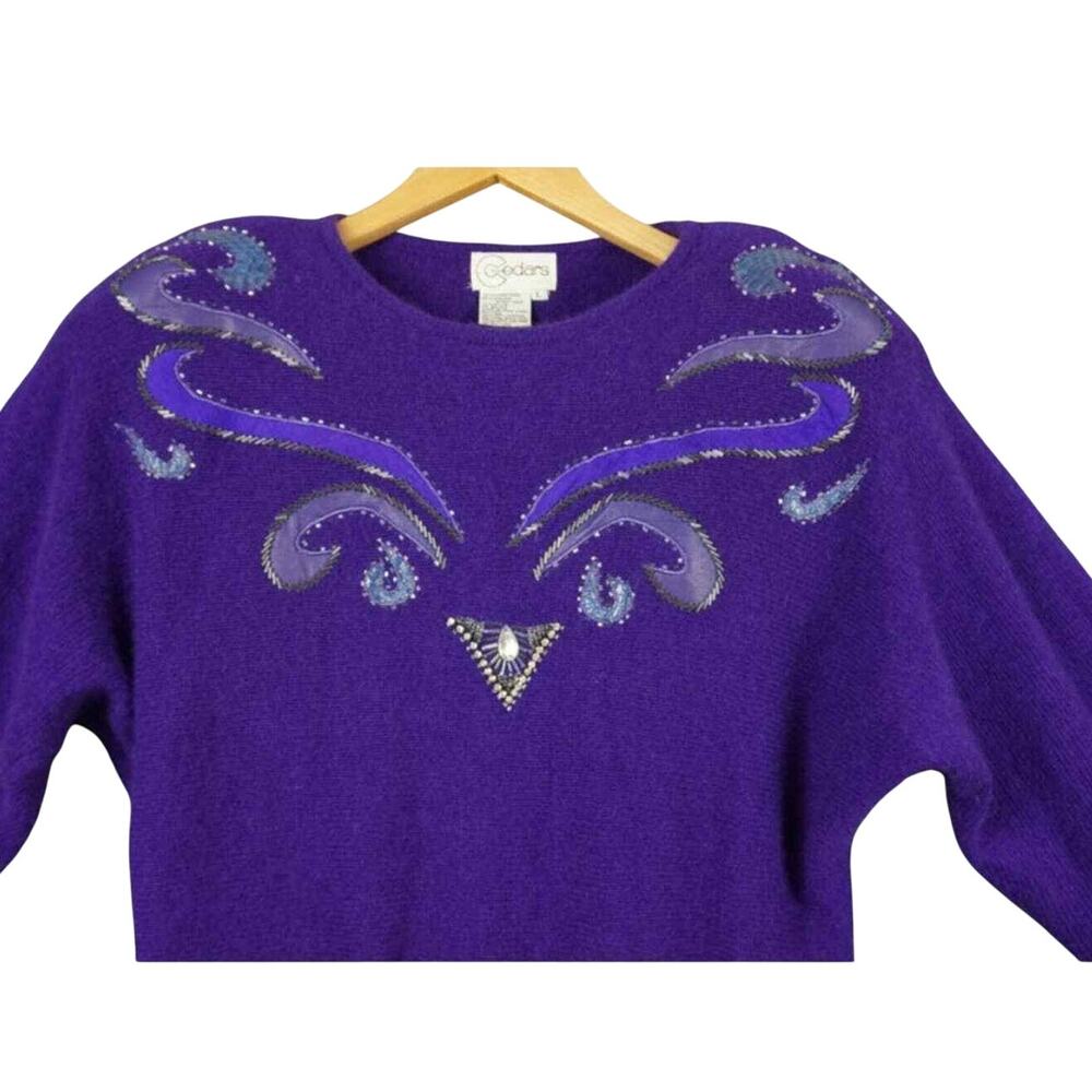 Vintage Cedars Women’s Lambswool Embroidered Sweater Sz L Long Sleeve Purple - Picture 3 of 8